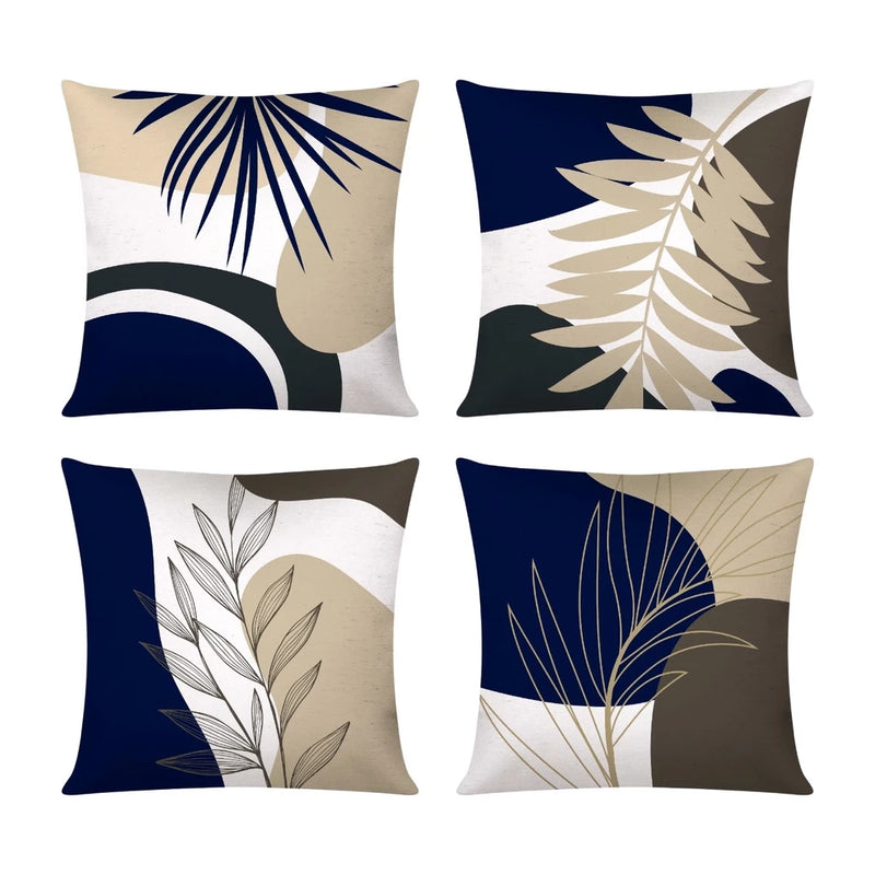 Kit 04 Almofada Cheias Decorativa Estampa Modern Print Luxo Abstrato Folhas Azul e Bege