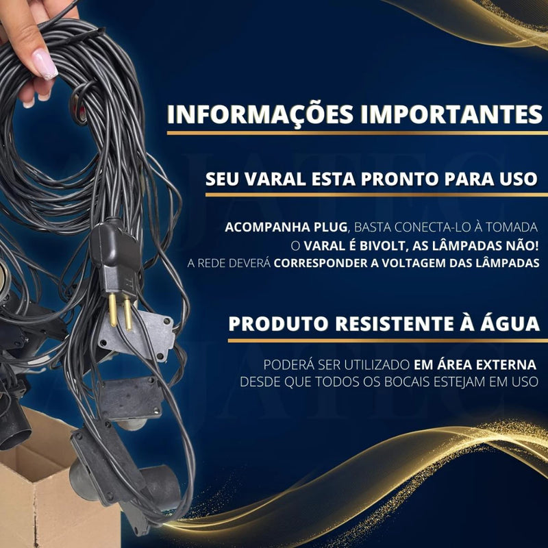 Varal Luzes Aljatec Até 25 metros Preto Lamp Clara 15w Area Externa Gambiarra Casamento Jardim