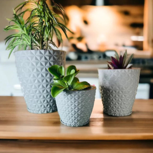 kit com 3 Vasos para plantas em Polietileno redondo diamante PP, P e M com pratos coletores