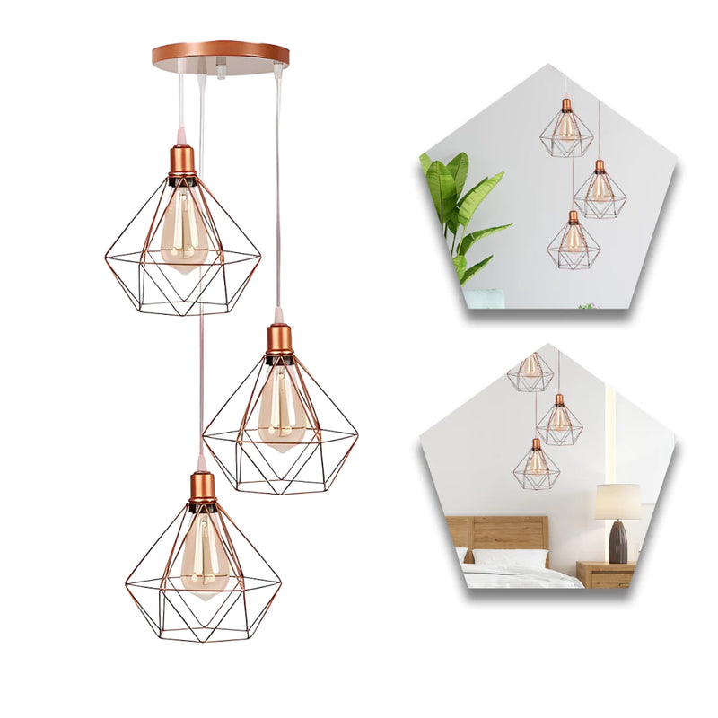 Pendente Luminária Diamante Triplo Rose Gold Cabo Cristal