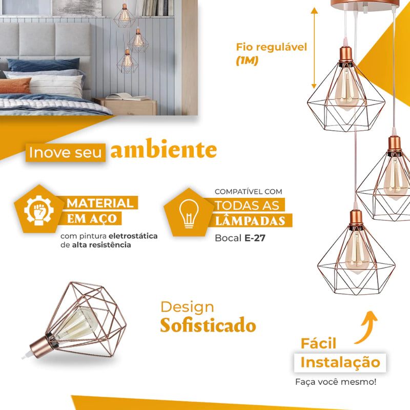 Pendente Luminária Diamante Triplo Rose Gold Cabo Cristal