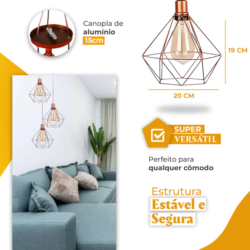 Pendente Luminária Diamante Triplo Rose Gold Cabo Cristal