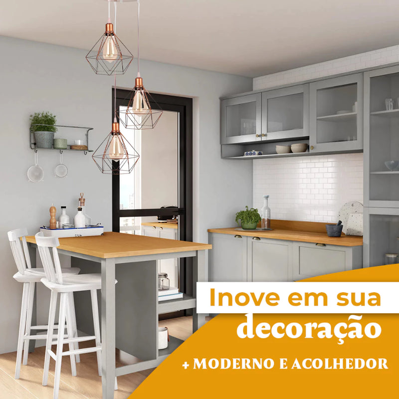 Pendente Luminária Diamante Triplo Rose Gold Cabo Cristal