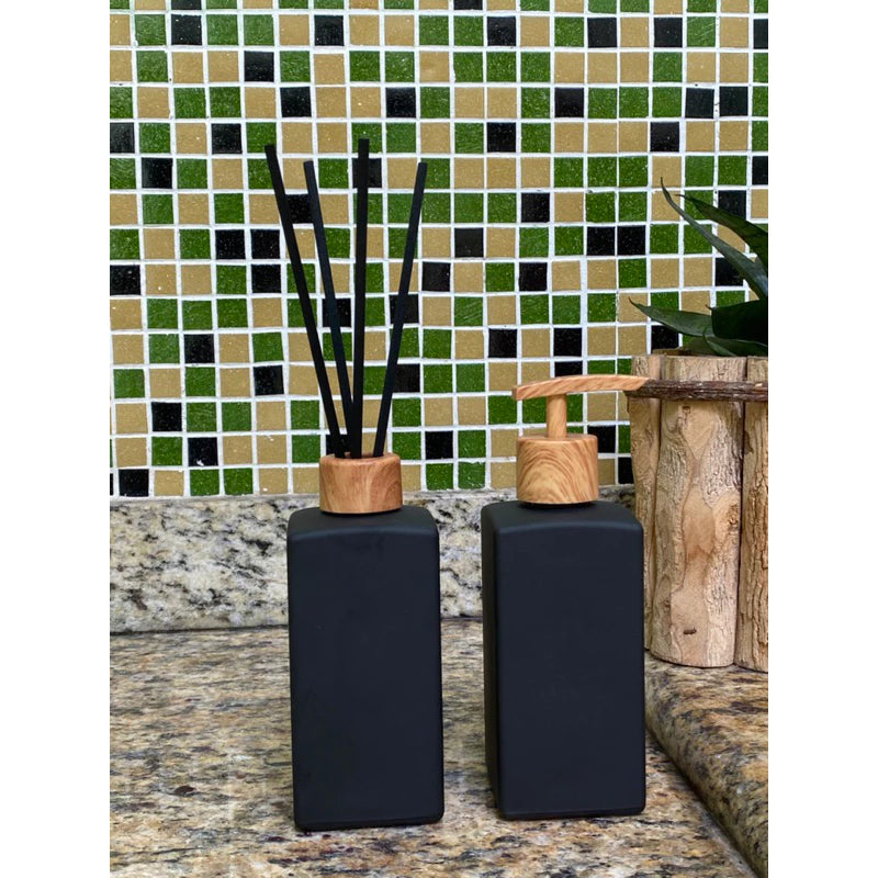 Kit Lavabo Moderno c/ 3 Peças Preto Fosco Difusor Aromatizador e Saboneteira Banheiro Sala Escritório