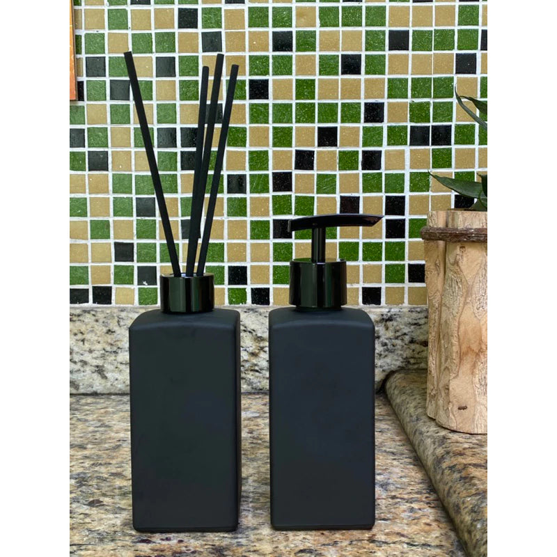 Kit Lavabo Moderno c/ 3 Peças Preto Fosco Difusor Aromatizador e Saboneteira Banheiro Sala Escritório