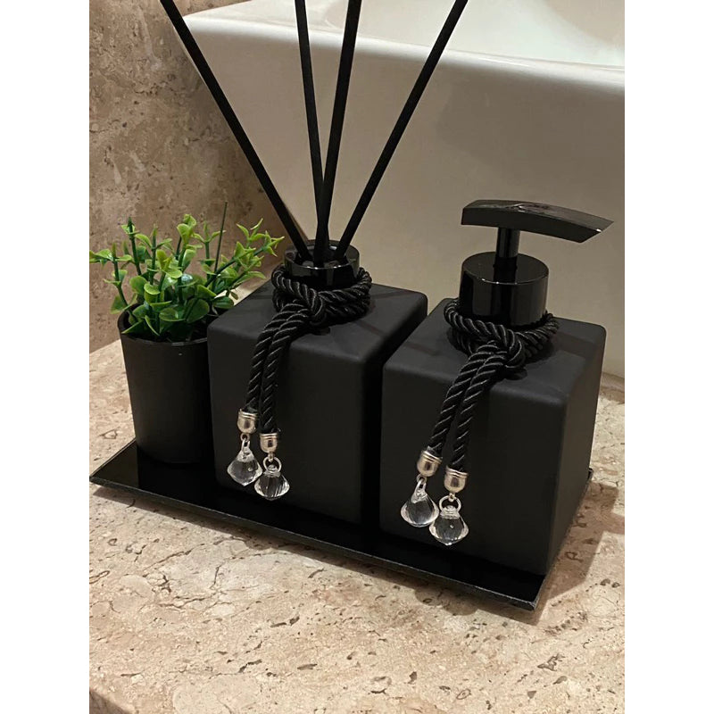 Kit Lavabo Banheiro Luxo Preto Com Bandeja Vasinho Vareta de Fibra