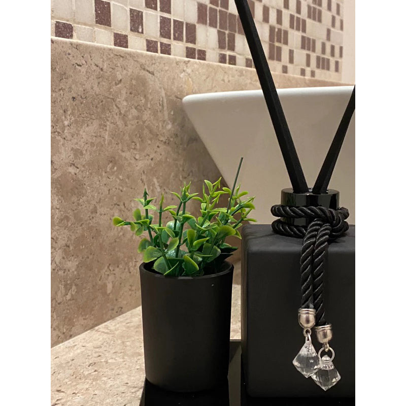 Kit Lavabo Banheiro Luxo Preto Com Bandeja Vasinho Vareta de Fibra