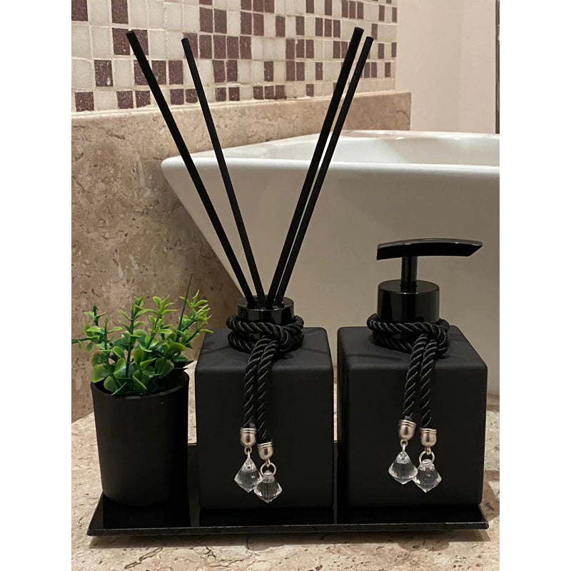 Kit Lavabo Banheiro Luxo Preto Com Bandeja Vasinho Vareta de Fibra