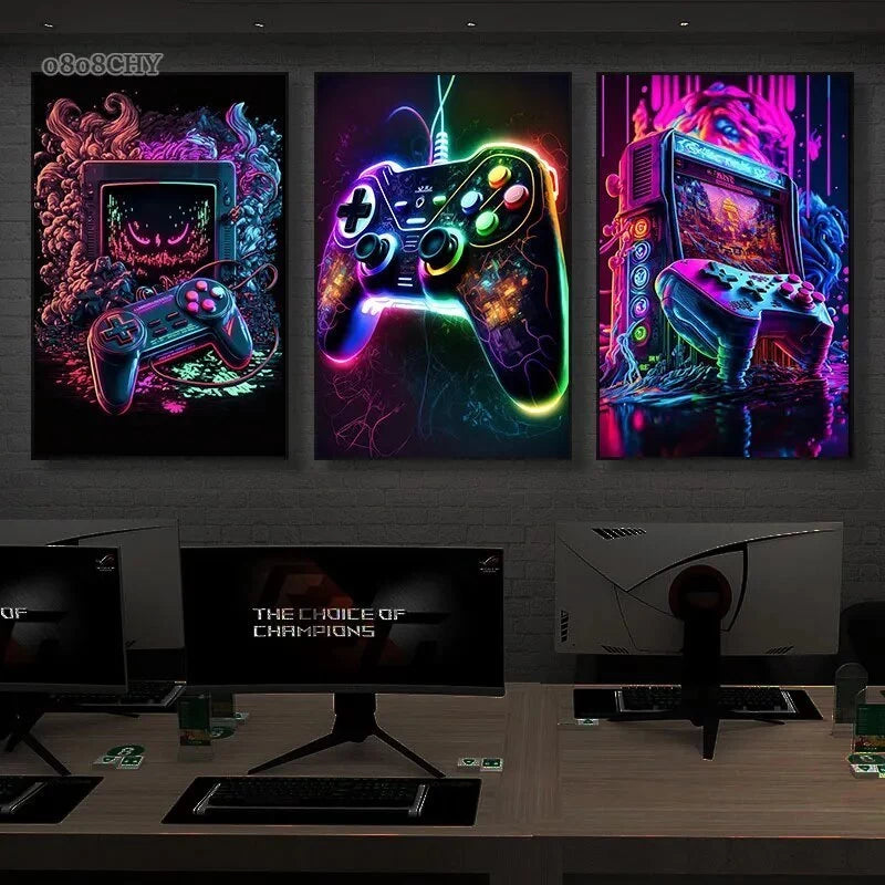 Kit quadros decorativos 3 peças tema hora do jogo video game controles para parede quarto sala