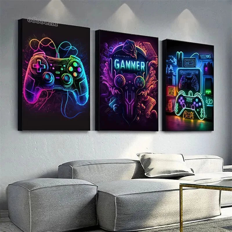 Kit quadros decorativos 3 peças tema hora do jogo video game controles para parede quarto sala