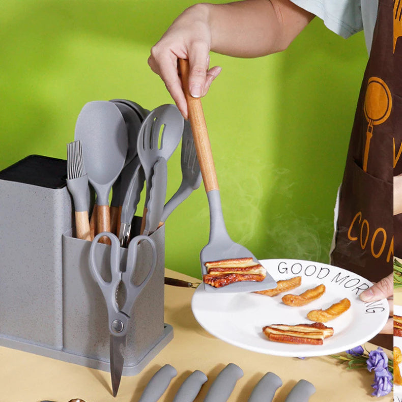 Kit 19 Peças Jogo de Utensílios Para Cozinha em Silicone Com Cabo de Madeira Completo / Antiaderente