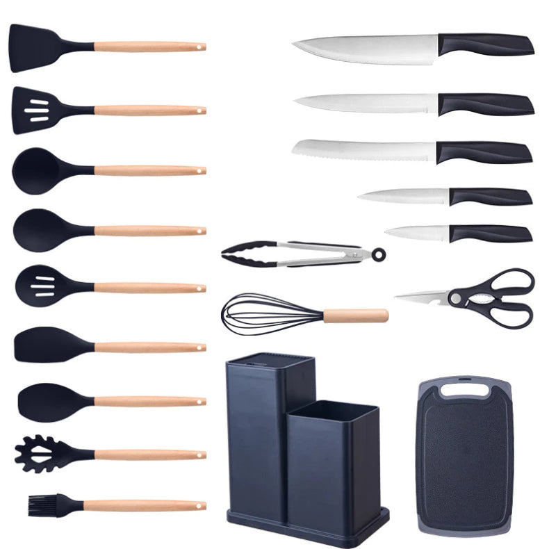 Kit 19 Peças Jogo de Utensílios Para Cozinha em Silicone Com Cabo de Madeira Completo / Antiaderente
