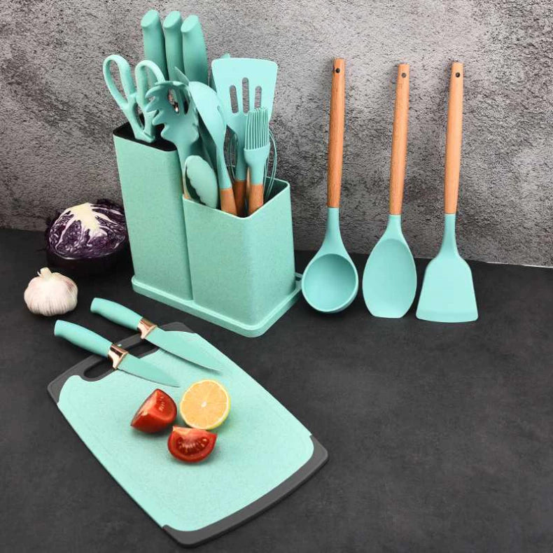 Kit 19 Peças Jogo de Utensílios Para Cozinha em Silicone Com Cabo de Madeira Completo / Antiaderente