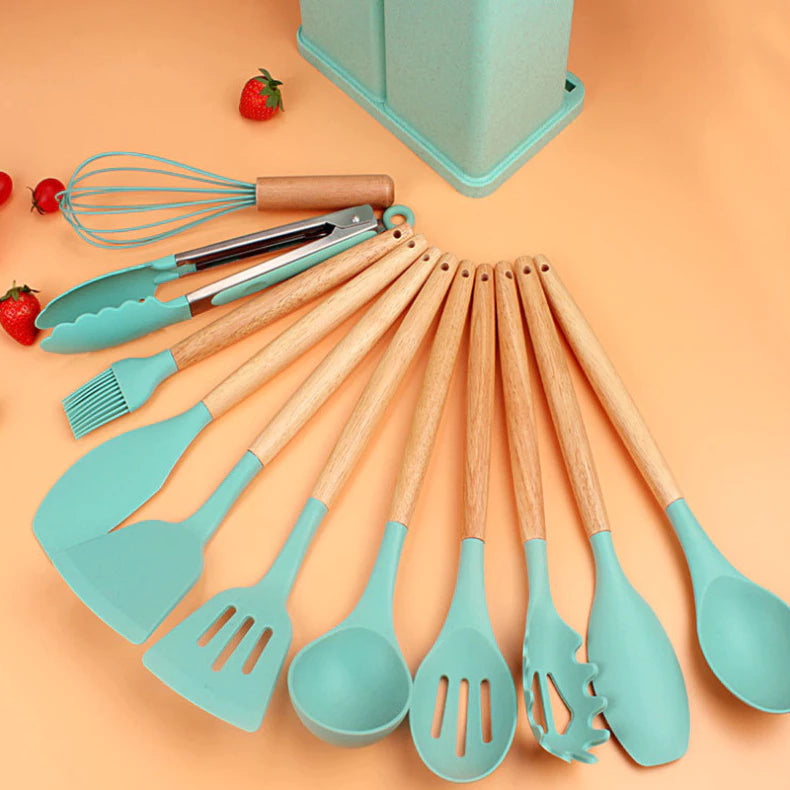 Kit 19 Peças Jogo de Utensílios Para Cozinha em Silicone Com Cabo de Madeira Completo / Antiaderente