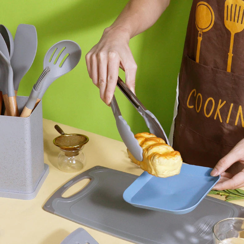 Kit 19 Peças Jogo de Utensílios Para Cozinha em Silicone Com Cabo de Madeira Completo / Antiaderente