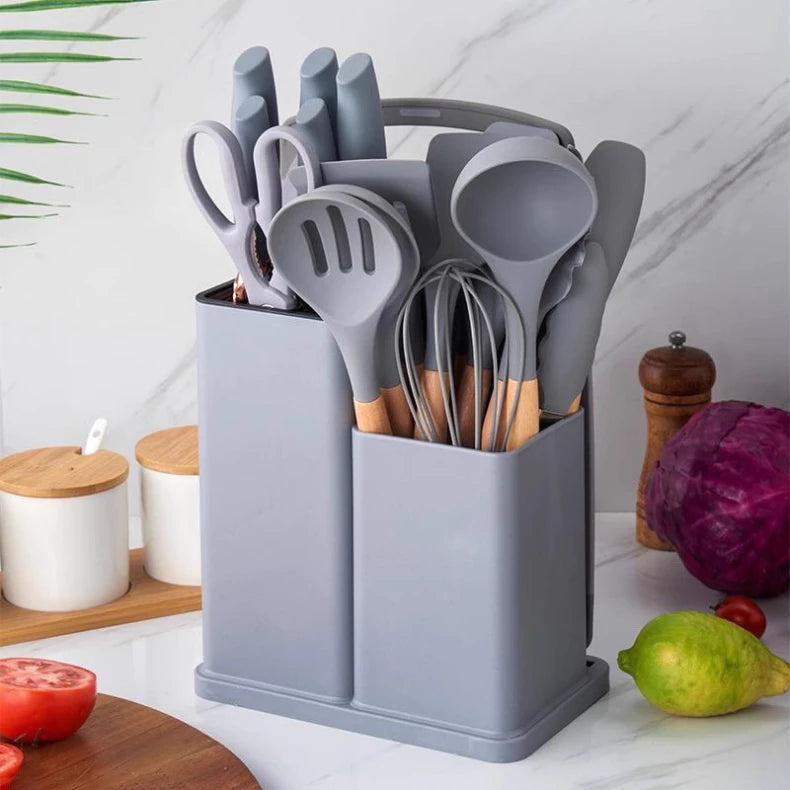 Kit 19 Peças Jogo de Utensílios Para Cozinha em Silicone Com Cabo de Madeira Completo / Antiaderente