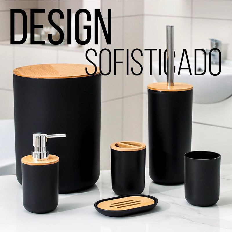 Kit Banheiro Conjunto 6 / 4 Peças Completo Lixeira C/ Tampa Basculante Bambu Lavabo Escova Sanitária