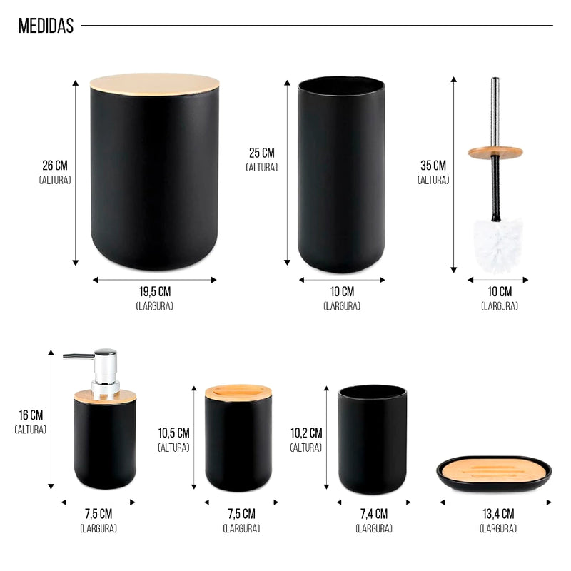 Kit Banheiro Conjunto 6 / 4 Peças Completo Lixeira C/ Tampa Basculante Bambu Lavabo Escova Sanitária