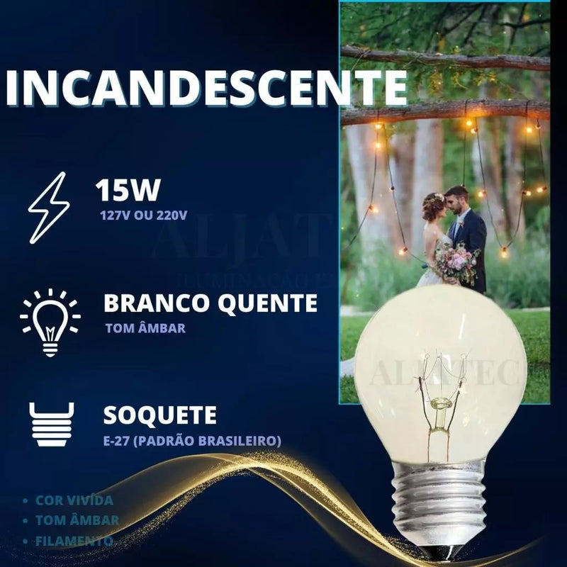 Varal Luzes Aljatec Até 25 metros Preto Lamp Clara 15w Area Externa Gambiarra Casamento Jardim