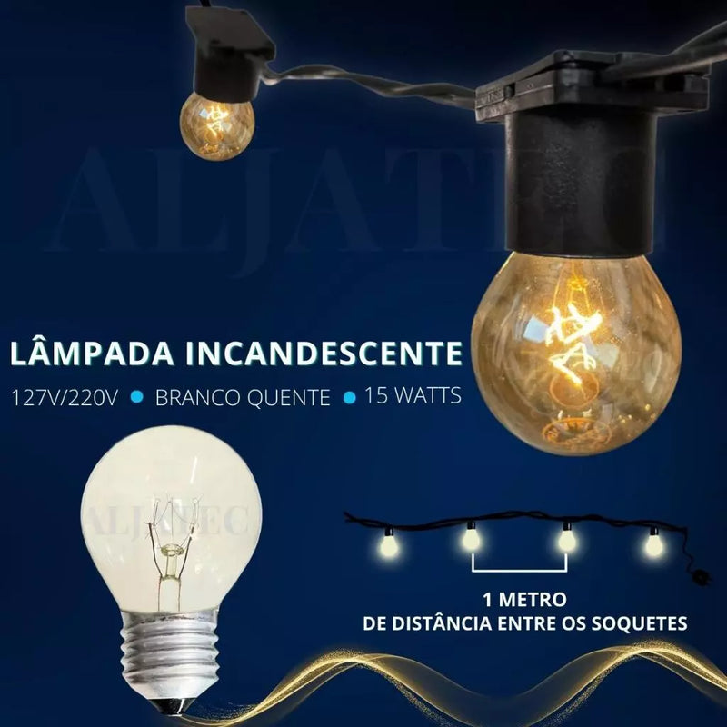 Varal Luzes Aljatec Até 25 metros Preto Lamp Clara 15w Area Externa Gambiarra Casamento Jardim