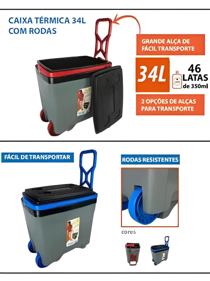 Cooler Termico com Rodinhas 34 Litros Caixa Termica Camping Pesca Praia Super Térmica