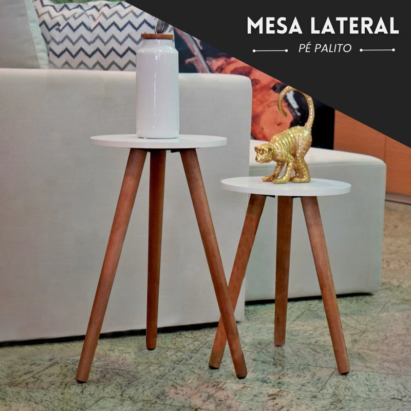 Conjunto de Mesinha Lateral Redonda Sala Pe Madeira Retro Sala Quarto