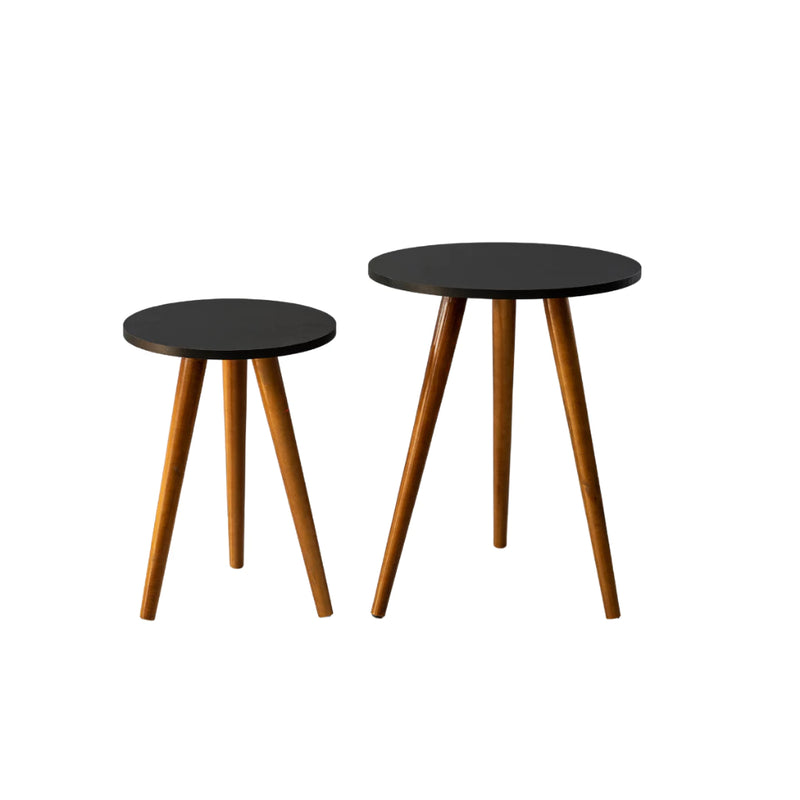 Conjunto de Mesinha Lateral Redonda Sala Pe Madeira Retro Sala Quarto