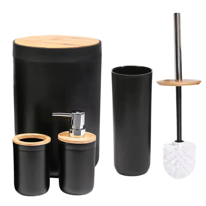 Kit Banheiro Conjunto 6 / 4 Peças Completo Lixeira C/ Tampa Basculante Bambu Lavabo Escova Sanitária