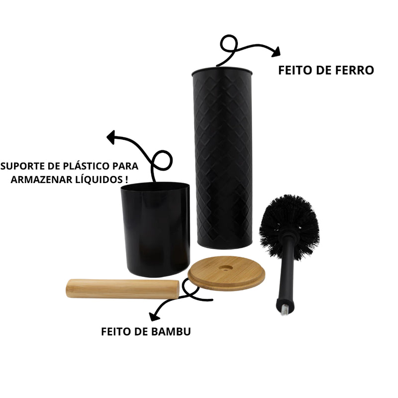 Escova De Vaso Sanitário Cabo E Tampa Bambu OucBranco Ou Preto 9.7 x 9.7 x 38CM Com Suporte