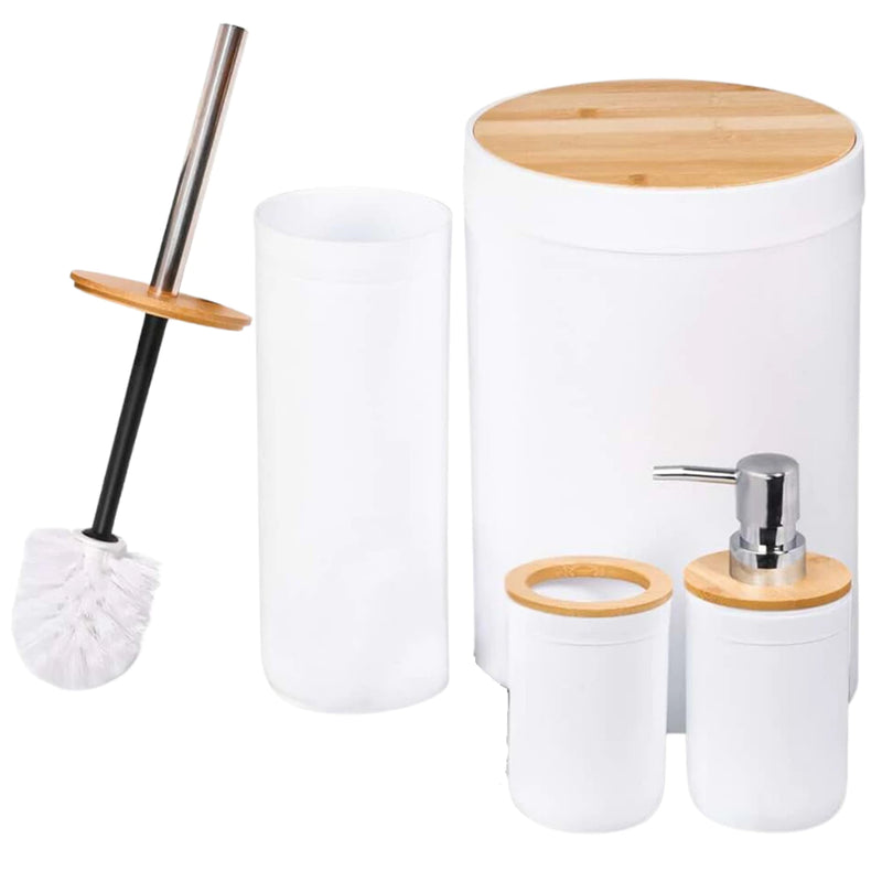 Kit Banheiro Conjunto 6 / 4 Peças Completo Lixeira C/ Tampa Basculante Bambu Lavabo Escova Sanitária