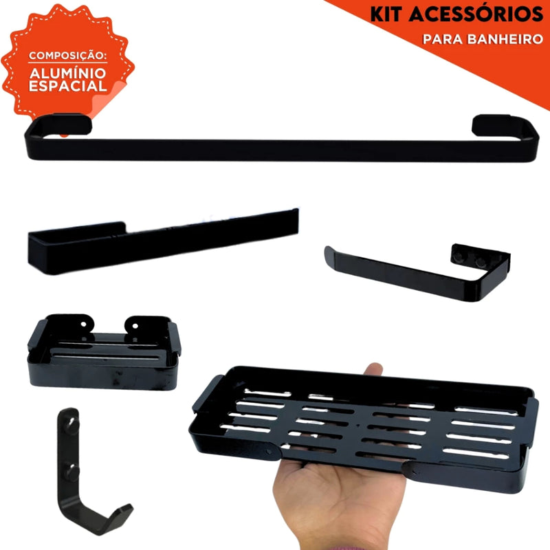 Acessórios Para Banheiro Kit c/ 6 Peças - Alumínio Espacial Porta Shampoo Toalha Sabonete