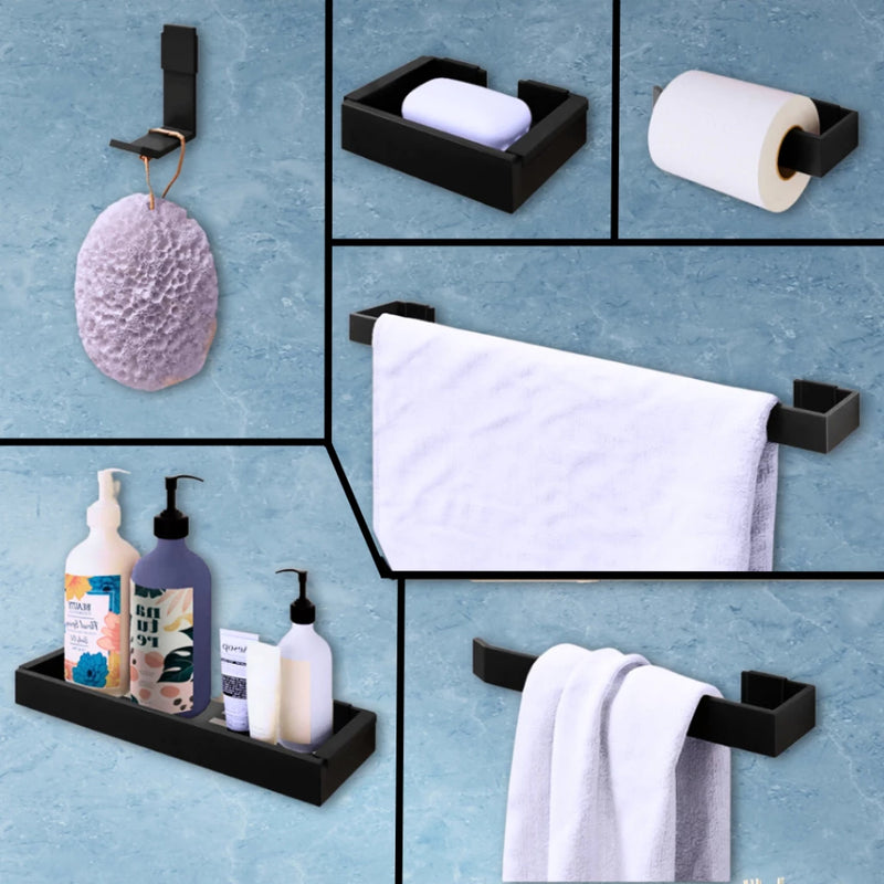 Acessórios Para Banheiro Kit c/ 6 Peças - Alumínio Espacial Porta Shampoo Toalha Sabonete