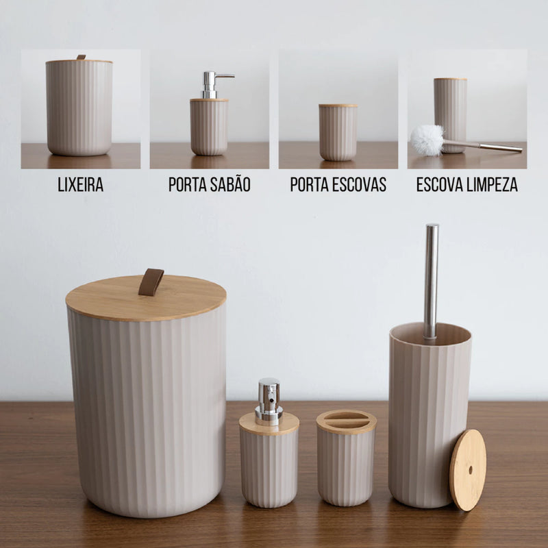 Kit Banheiro Conjunto 6 / 4 Peças Completo Lixeira C/ Tampa Basculante Bambu Lavabo Escova Sanitária
