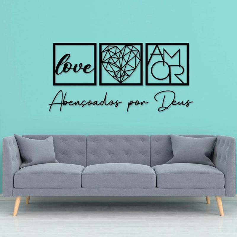 Kit com 3 Quadros Decorativos + Frase Abençoados por Deus - Decoração para Sala e Quarto em mdf