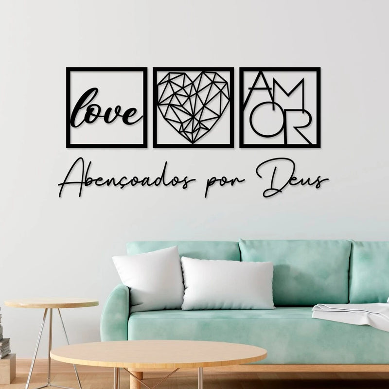 Kit com 3 Quadros Decorativos + Frase Abençoados por Deus - Decoração para Sala e Quarto em mdf