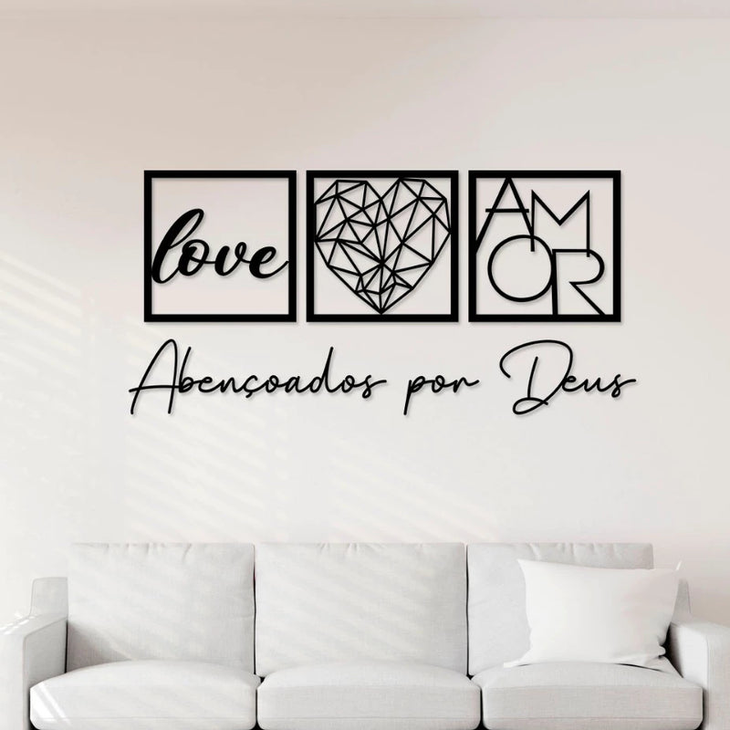 Kit com 3 Quadros Decorativos + Frase Abençoados por Deus - Decoração para Sala e Quarto em mdf