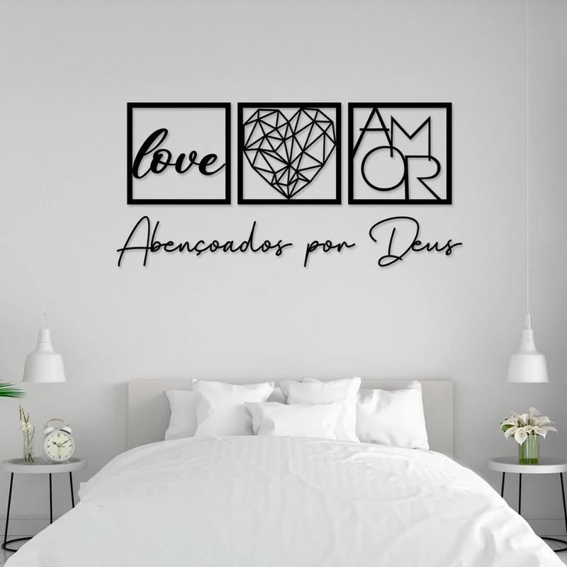 Kit com 3 Quadros Decorativos + Frase Abençoados por Deus - Decoração para Sala e Quarto em mdf