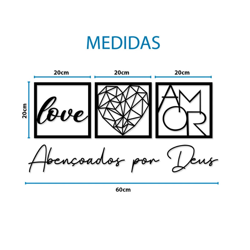 Kit com 3 Quadros Decorativos + Frase Abençoados por Deus - Decoração para Sala e Quarto em mdf