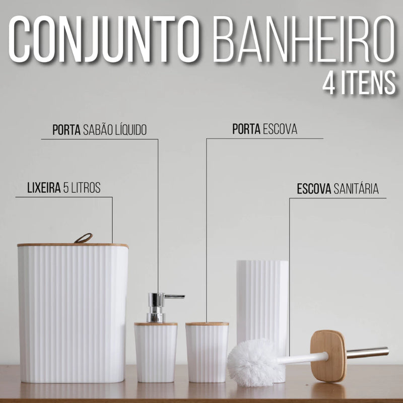 Kit Banheiro Conjunto 6 / 4 Peças Completo Lixeira C/ Tampa Basculante Bambu Lavabo Escova Sanitária