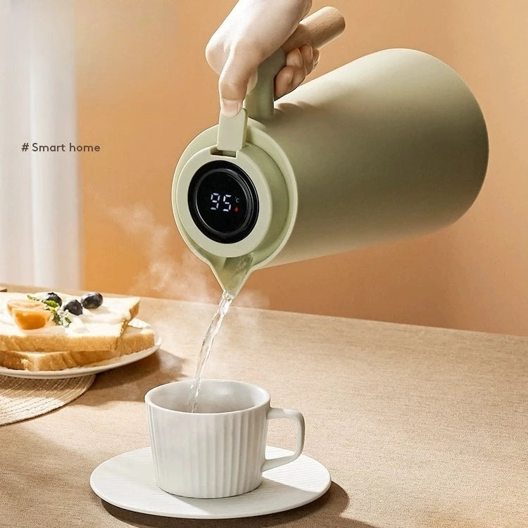 Garrafa Térmica Termometro Digital 1L Café Chá Nórdica Com Cabo Madeira -MX20215