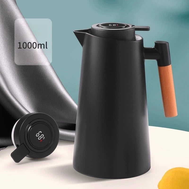 Garrafa Térmica Termometro Digital 1L Café Chá Nórdica Com Cabo Madeira -MX20215