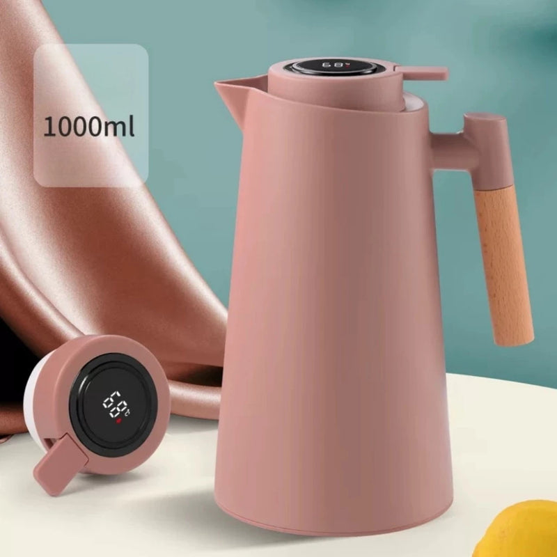 Garrafa Térmica Termometro Digital 1L Café Chá Nórdica Com Cabo Madeira -MX20215