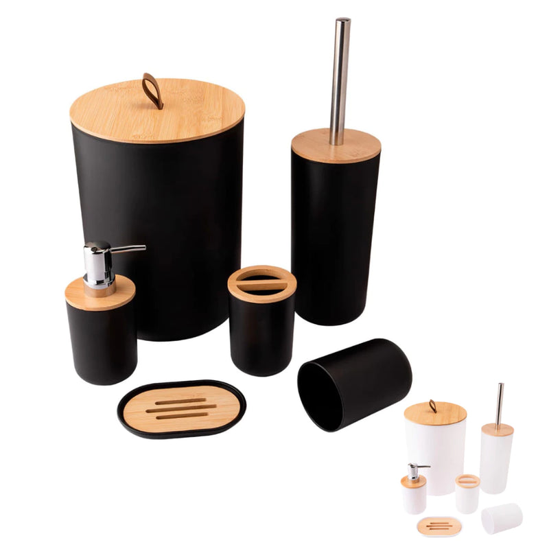 Kit Banheiro Conjunto 6 / 4 Peças Completo Lixeira C/ Tampa Basculante Bambu Lavabo Escova Sanitária