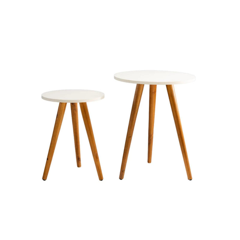 Conjunto de Mesinha Lateral Redonda Sala Pe Madeira Retro Sala Quarto