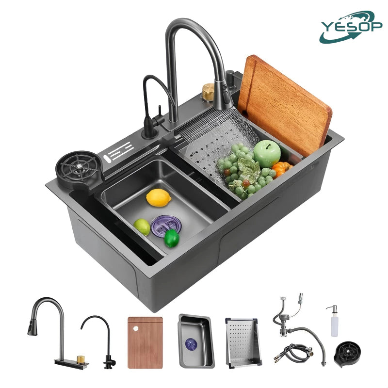 Cuba Inox Quadrada Gourmet Cozinha Pia 75x45 Com Torneira Preta/Prateado Yesop