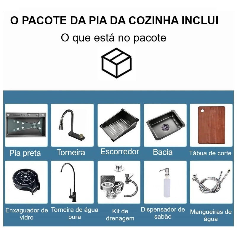 Cuba Inox Quadrada Gourmet Cozinha Pia 75x45 Com Torneira Preta/Prateado Yesop