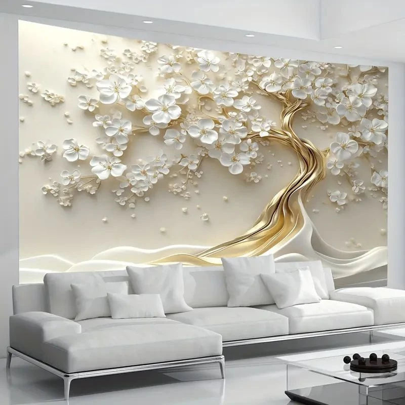 QUADRO DECORATIVO ÁRVORE DA VIDA GIGANTE FLORES BRANCA E DOURADA