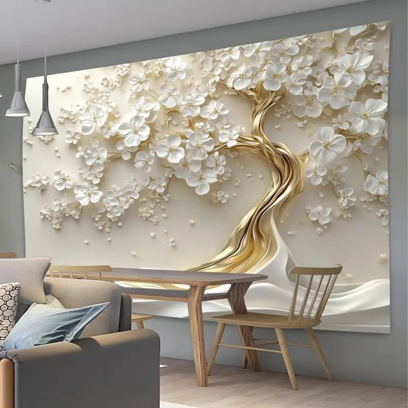 QUADRO DECORATIVO ÁRVORE DA VIDA GIGANTE FLORES BRANCA E DOURADA