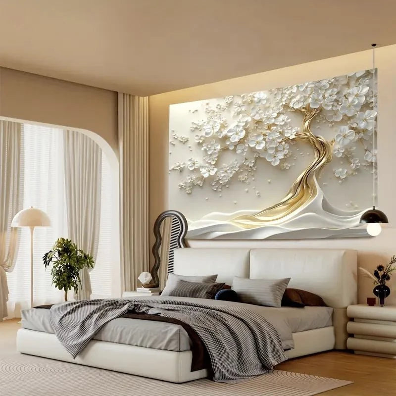 QUADRO DECORATIVO ÁRVORE DA VIDA GIGANTE FLORES BRANCA E DOURADA