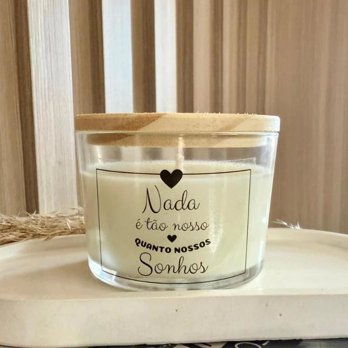 Vela perfumada frases - 100g COM TAMPA DE MADEIRA - ARTESANAL VEGANA